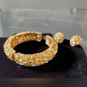 Vintage Gold-Tone Crystal Bangle Bracelet with Matching Earrings